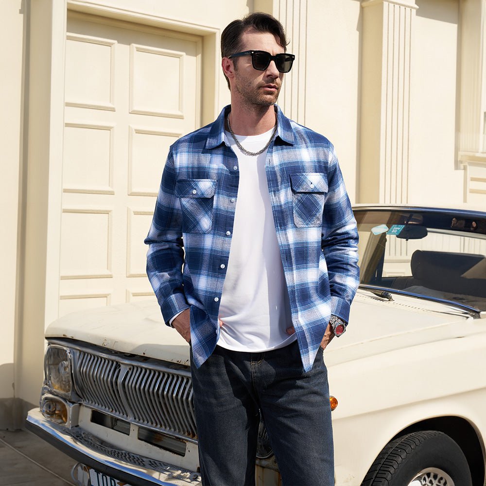 Men's Verona Plaid Flannel Shirt, open over a t-shirt, black and grey plaid, versatile casual wear.