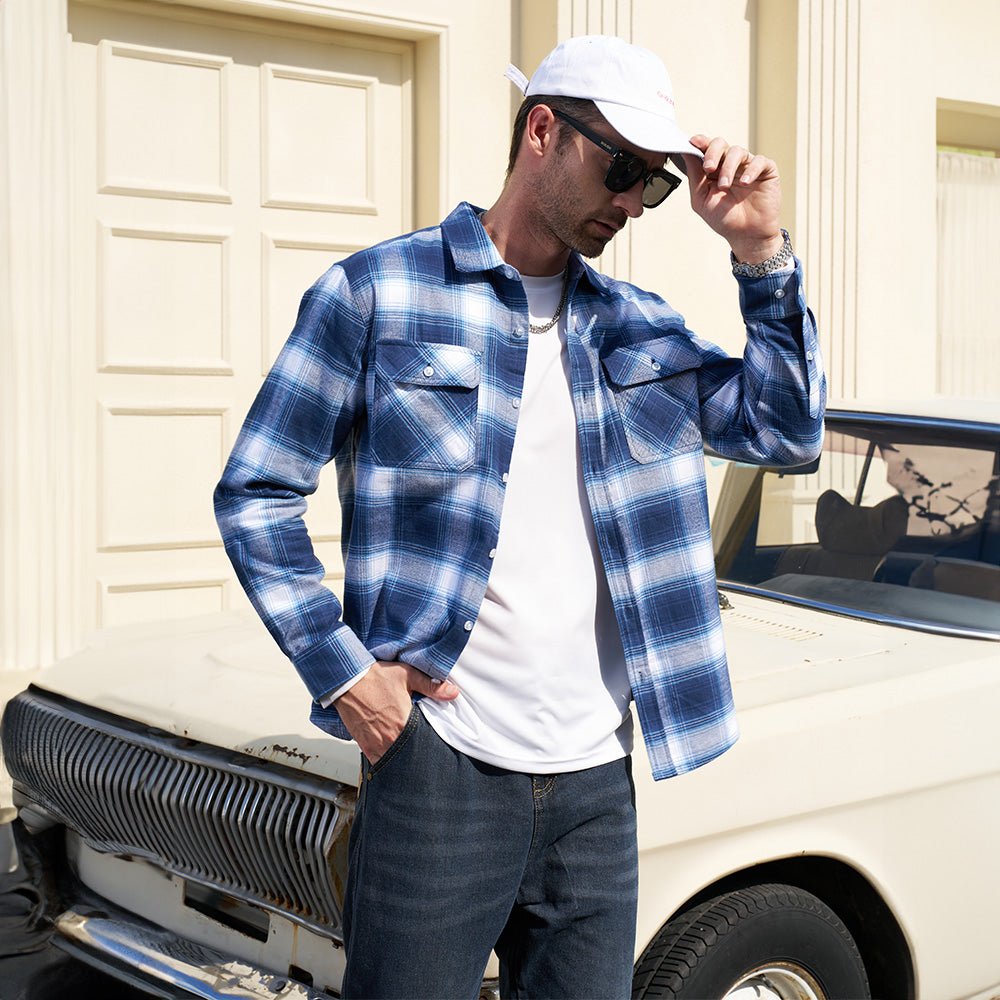 Back view of a Men's Verona Plaid Flannel Shirt, offering a clear look at the plaid pattern and relaxed cut.