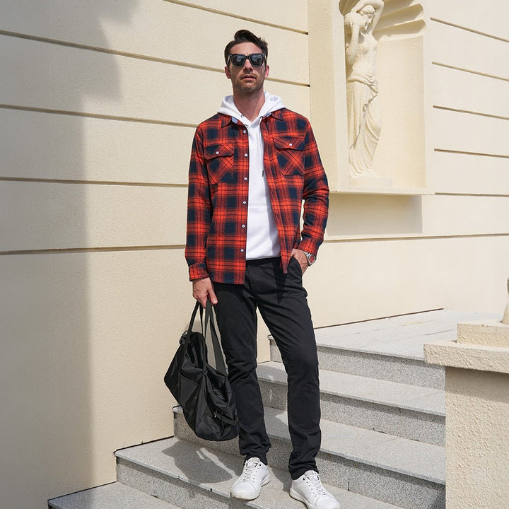 Men's Verona Plaid Flannel Shirt in a vibrant yellow and grey plaid, adding a pop of color to fall fashion.