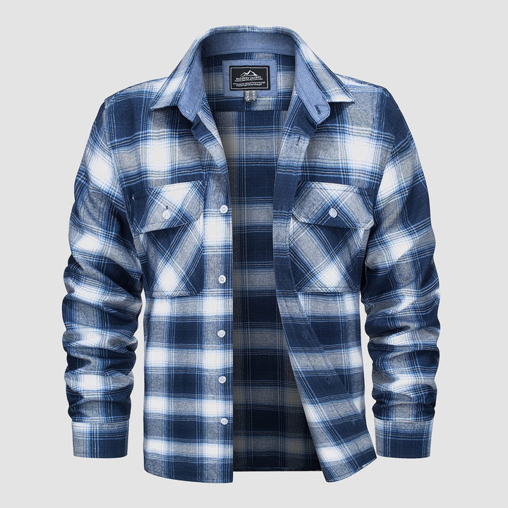 Close-up of a men's Verona Plaid Flannel Shirt in blue and white, 100% cotton, ideal for outdoor activity.