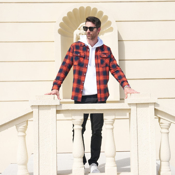 Men's Verona Plaid Flannel Shirt, rustic orange and black plaid, embodying fall fashion trends.