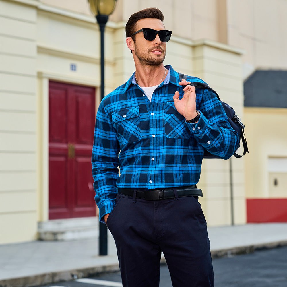 Men's Verona Plaid Flannel Shirt, light blue and white plaid, giving a fresh take on fall fashion.