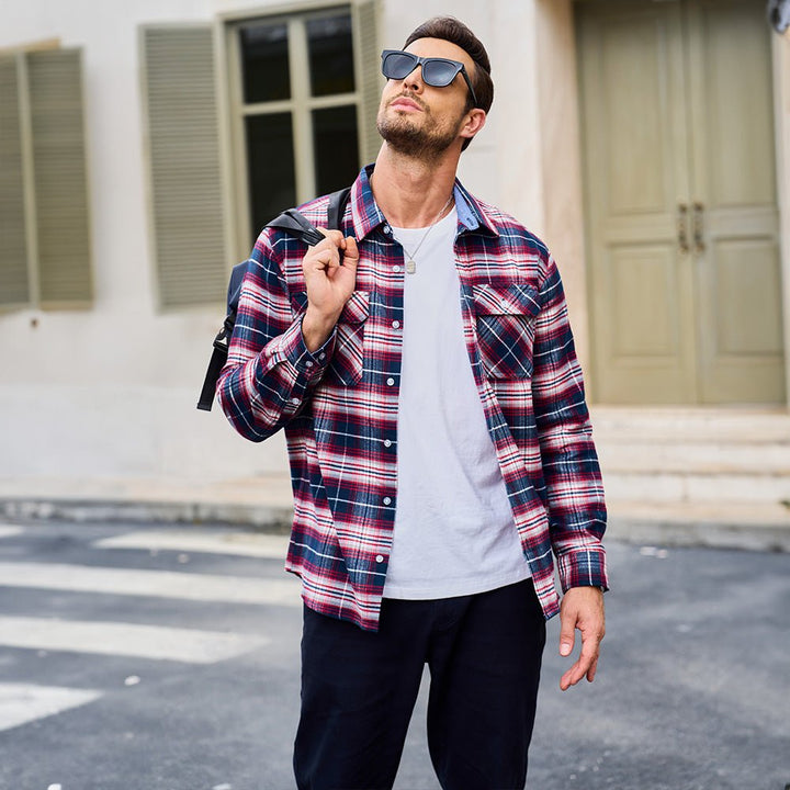 Men's Verona Plaid Flannel Shirt, charcoal and cream plaid, elegant yet casual for everyday wear.