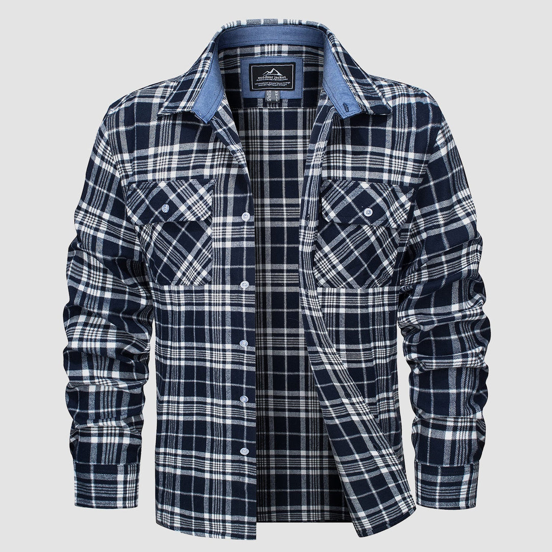 Men's Verona Plaid Flannel Shirt with rolled-up sleeves, blue and green plaid, perfect for transitional weather.