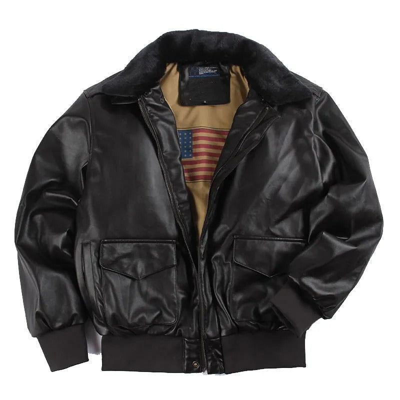 Retro men's winter leather jacket. Durable, warm biker outerwear for cold weather rides & casual everyday style.