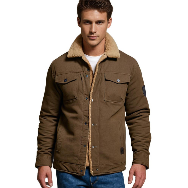Model showcasing the fit and comfort of a men's warm lined casual jacket, front