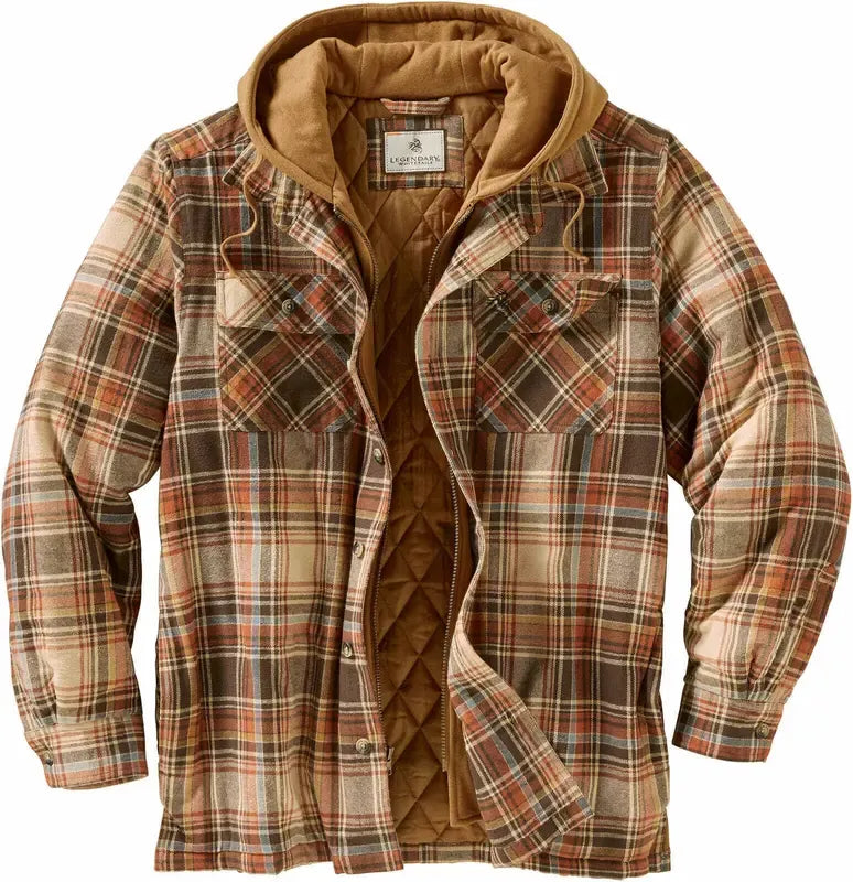 Stylish men's outerwear: gray and blue plaid hooded flannel jacket, perfect for cold weather.