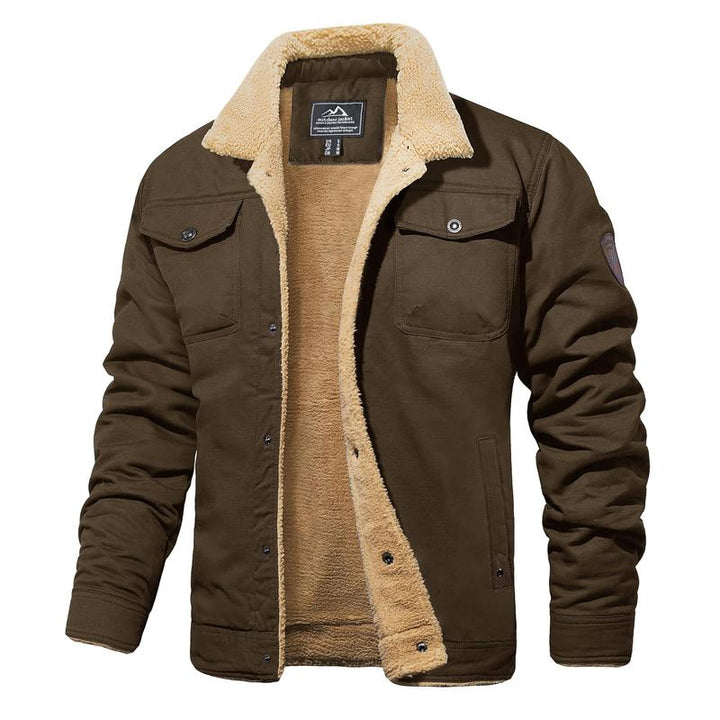 Casual men's sherpa canvas jacket, buttoned up for warmth, ideal winter outerwear.