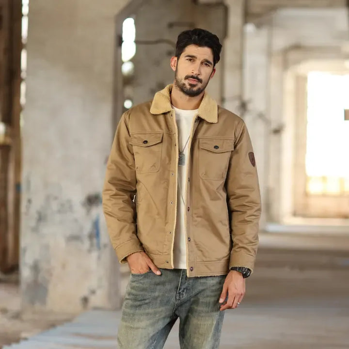 Back view of a men's warm sherpa-lined canvas coat, showing detailed stitching.