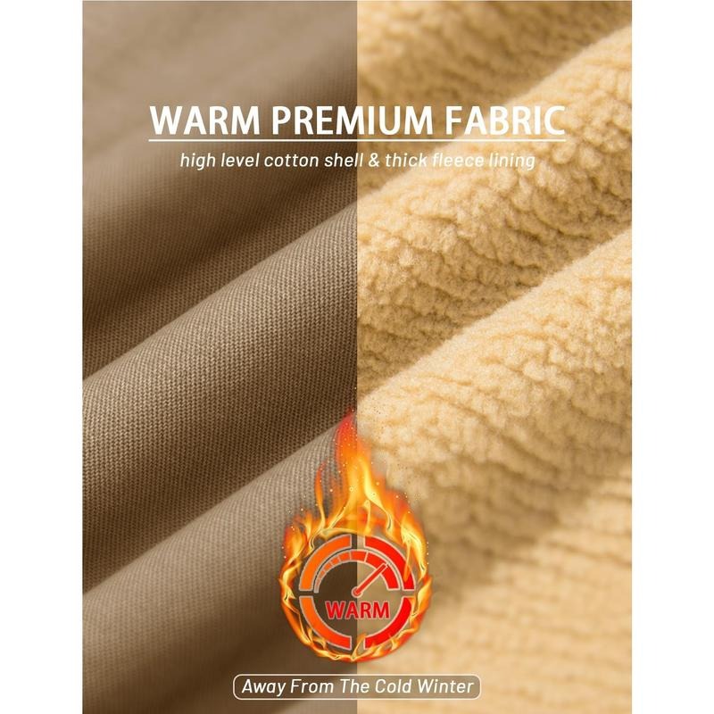 Men's durable canvas winter jacket with cozy sherpa lining and button closure, isolated.