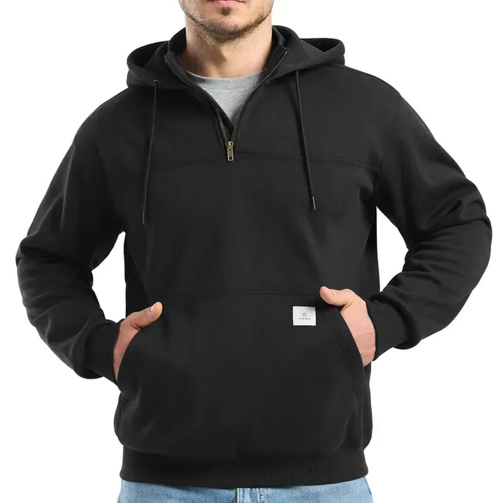 Fleece-lined men's water-resistant hoodie featuring a practical half-zip design