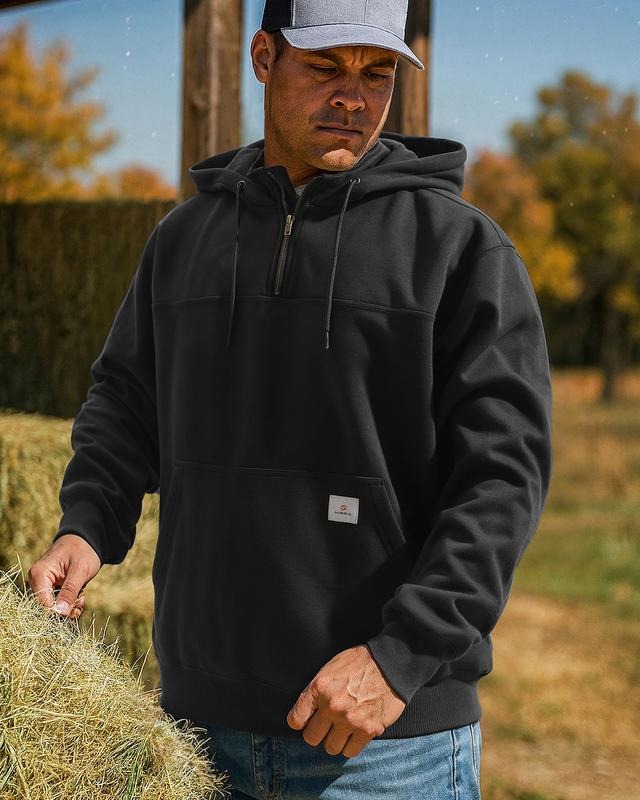 Durable men's workwear hoodie with water-resistant fabric and comfortable half-zip styling