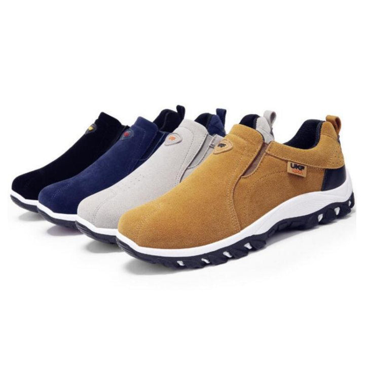 Detail of elastic gore on men's waterproof athletic slip-on sneaker for secure fit