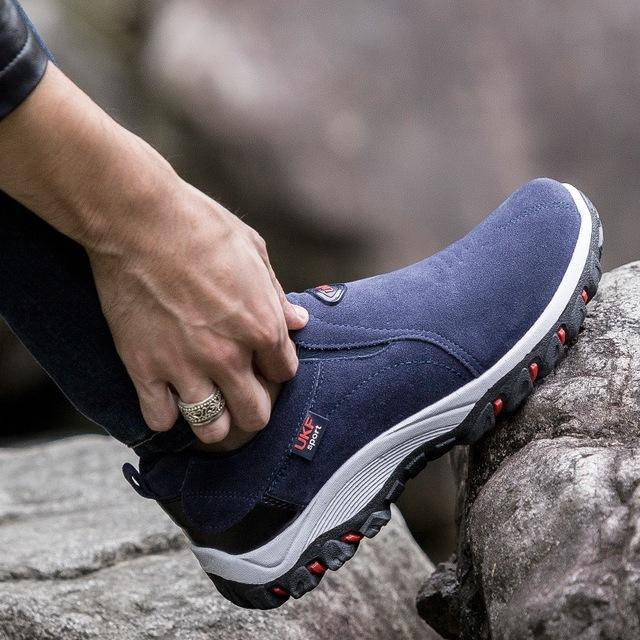 Front view of men's outdoor waterproof athletic footwear, no laces for easy on/off