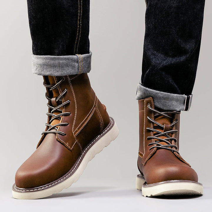 Top-down view of men's brown waterproof chukka boots, displaying the full casual design.
