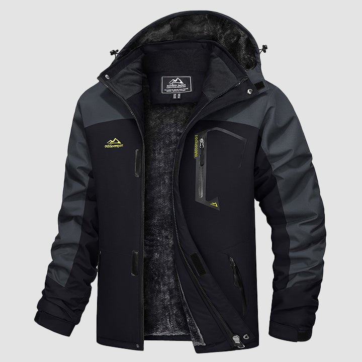 Back view of men's blue ski jacket, highlighting breathable fabric and hood.