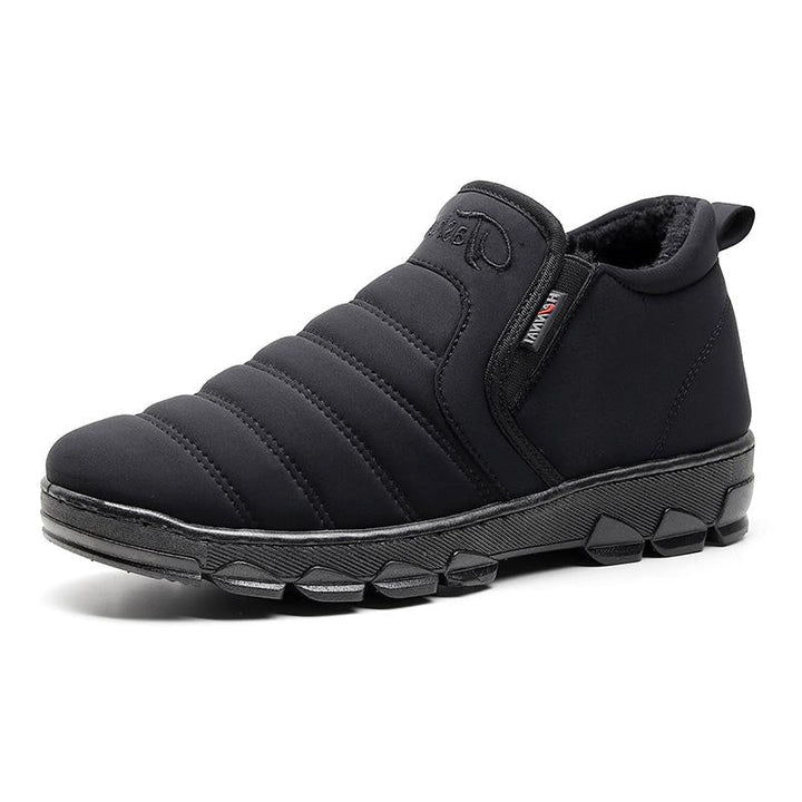 Men's waterproof velvet-lined snow boots, black, showing non-slip sole for winter