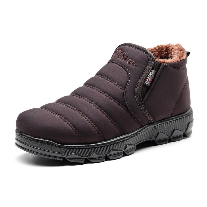 Front view of a single men's waterproof velvet snow boot, designed for warmth and winter conditions