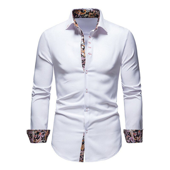 Men's white dress shirt with subtle floral patterned cuffs, perfect for smart casual or formal wear.
