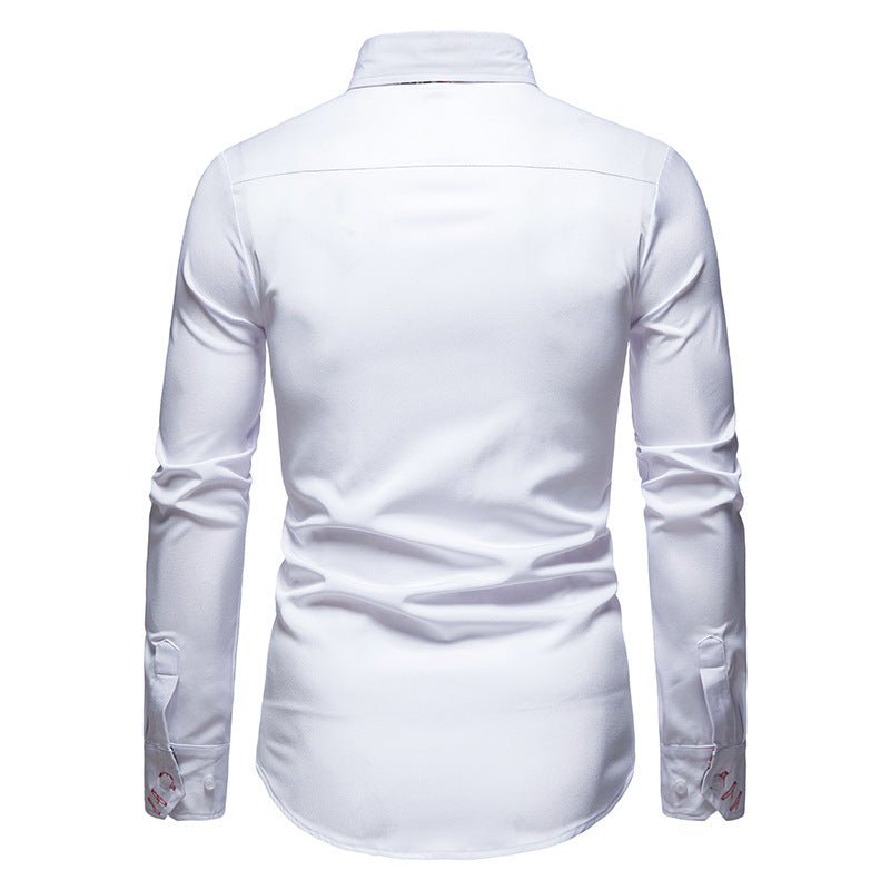 Classic men's long sleeve white button-up shirt featuring stylish patterned inner cuffs.