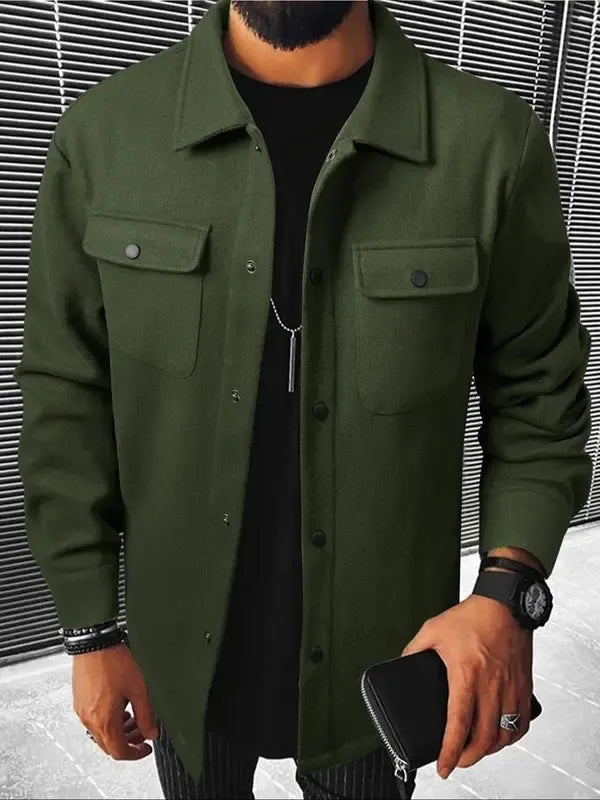 Stylish men's wool blend overshirt jacket with snap buttons, ideal for fall and winter