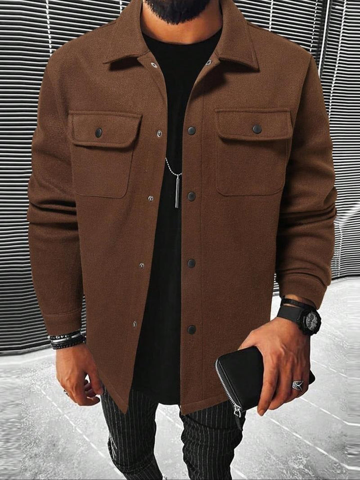 Men's outerwear: a comfortable wool blend snap button overshirt in a rich, textured fabric