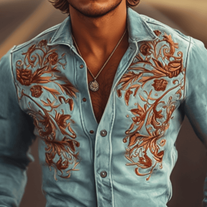 Men's Classic Western Embroidered Suede Long Sleeve Shirt - Lexians