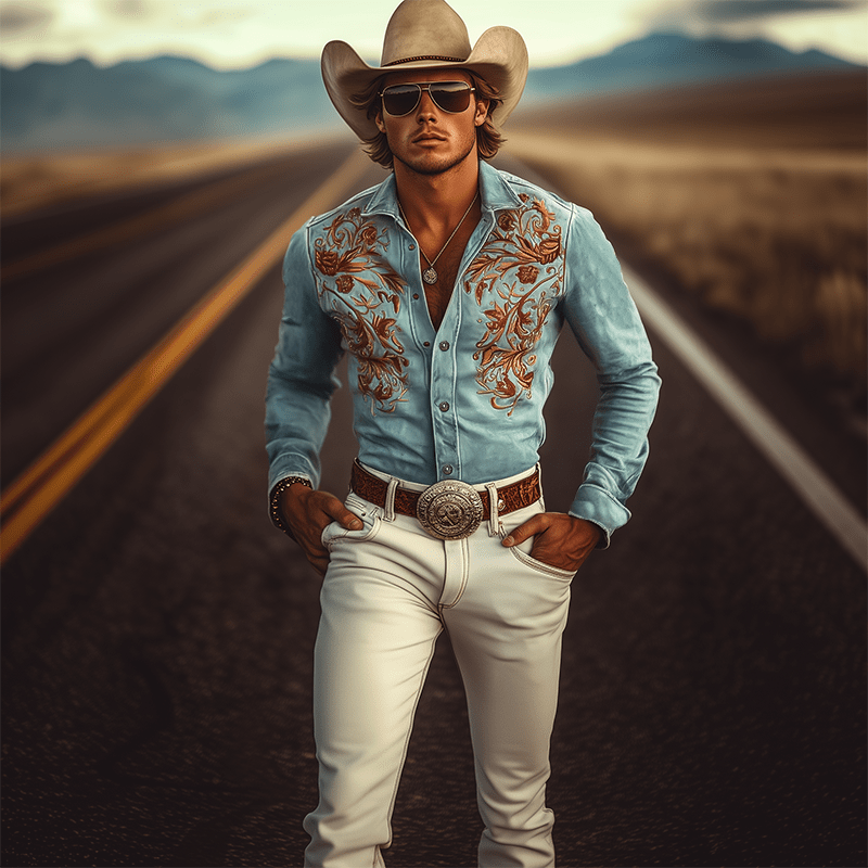 Men's Classic Western Embroidered Suede Long Sleeve Shirt - Lexians