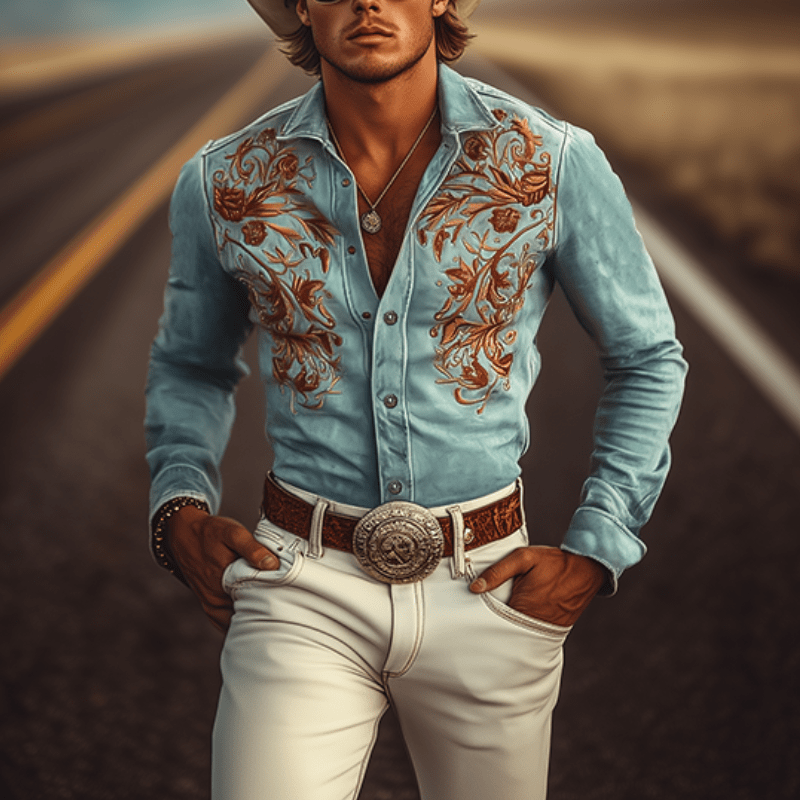 Men's Classic Western Embroidered Suede Long Sleeve Shirt - Lexians