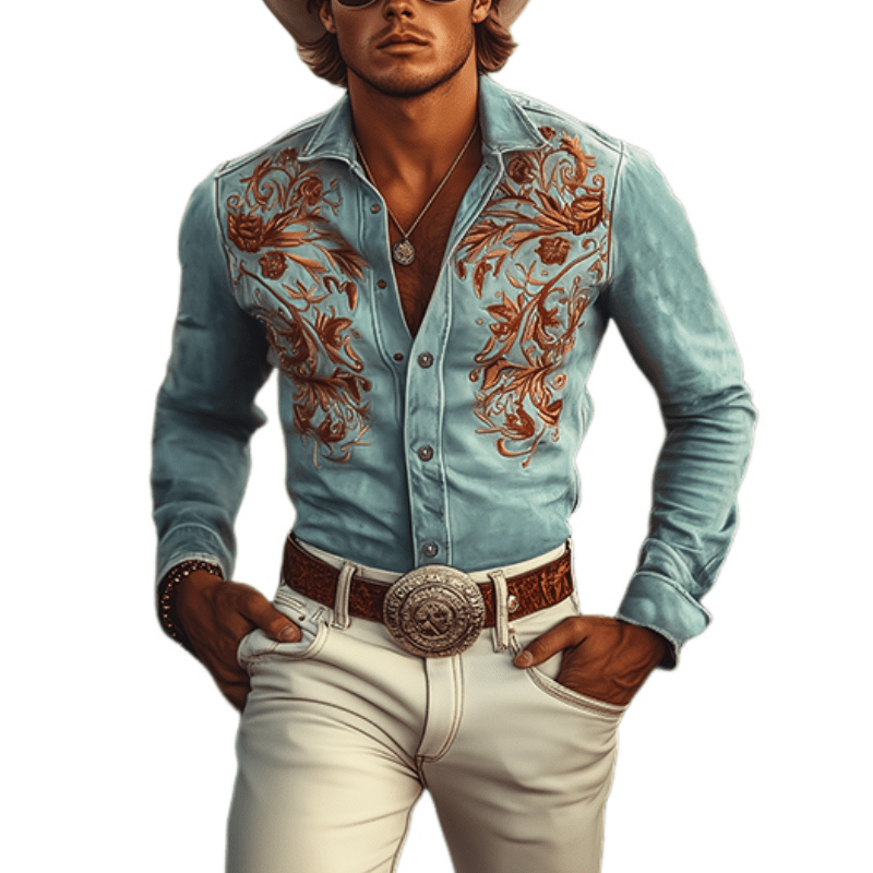 Men's Classic Western Embroidered Suede Long Sleeve Shirt - Lexians