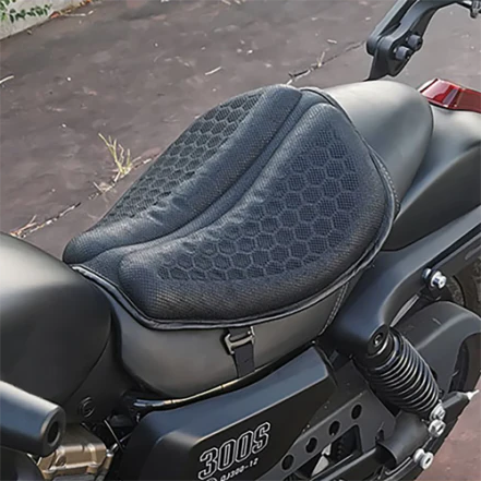 "Men's gel motorcycle seat pad with breathable honeycomb design, anti-slip straps, enhancing comfort on long rides."