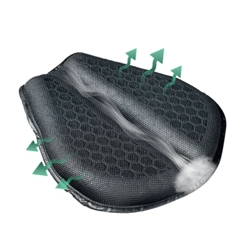 "Men's gel motorcycle seat pad with breathable honeycomb design, anti-slip straps, enhancing comfort on long rides."
