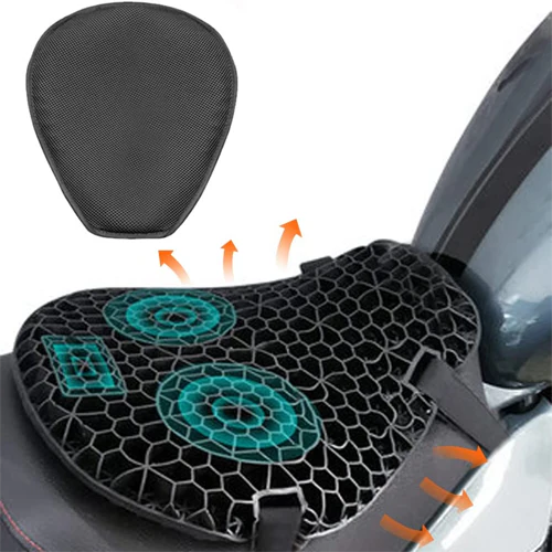 "Men's gel motorcycle seat pad with breathable honeycomb design, anti-slip straps, enhancing comfort on long rides."