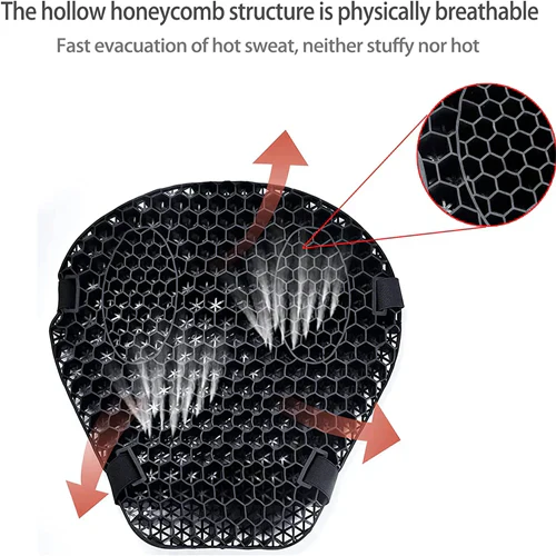 "Men's gel motorcycle seat pad with breathable honeycomb design, anti-slip straps, enhancing comfort on long rides."