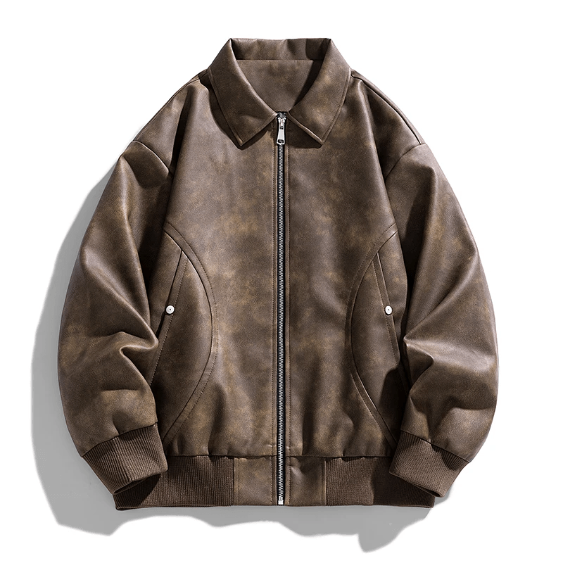Men's Leather Bomber Jacket with Ribbed Cuffs and Hem - Lexians