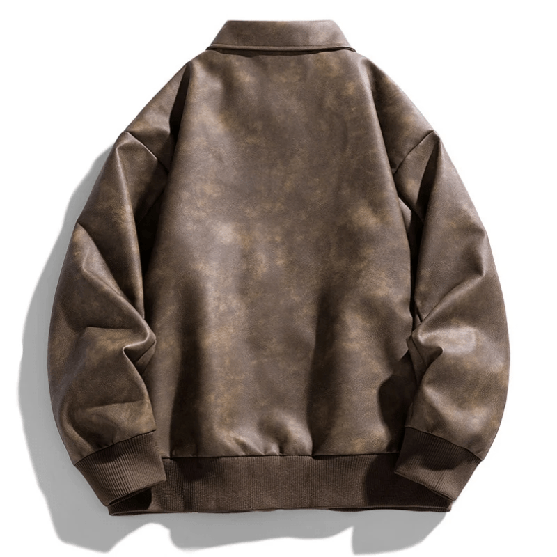 Men's Leather Bomber Jacket with Ribbed Cuffs and Hem - Lexians