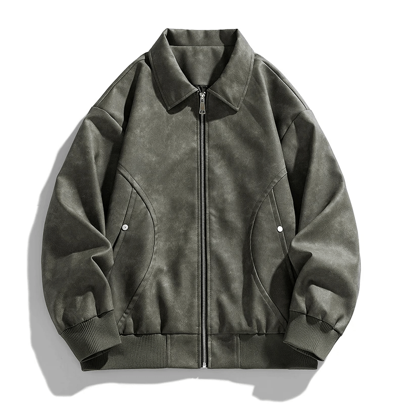 Men's Leather Bomber Jacket with Ribbed Cuffs and Hem - Lexians