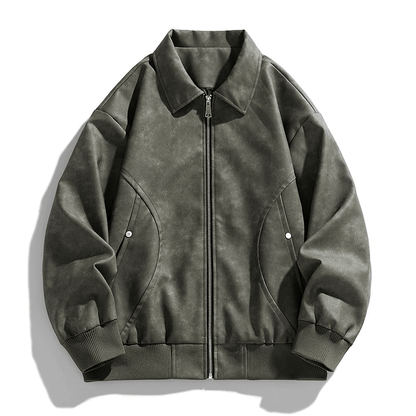 Men's Leather Bomber Jacket with Ribbed Cuffs and Hem - Lexians
