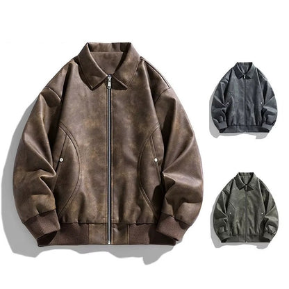 Men's Leather Bomber Jacket with Ribbed Cuffs and Hem - Lexians