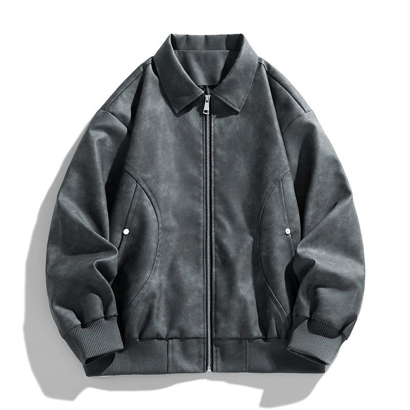 Men's Leather Bomber Jacket with Ribbed Cuffs and Hem - Lexians