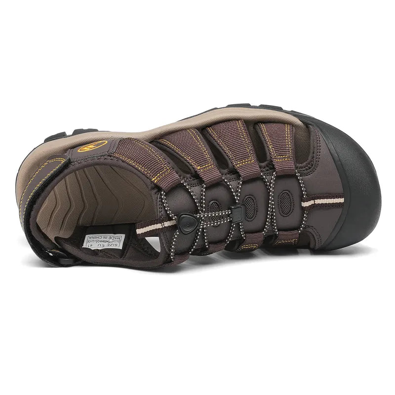 "Men's outdoor trekking sandals with mesh upper, breathable material, black color, durable sole, perfect for hiking adventure