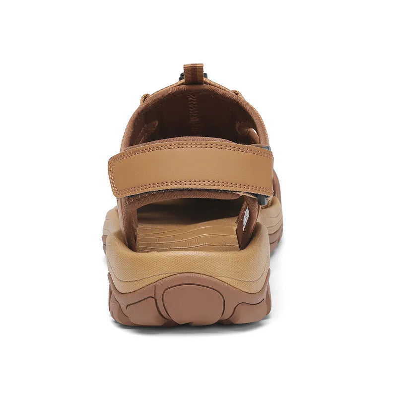 "Men's outdoor trekking sandals with mesh upper, breathable material, black color, durable sole, perfect for hiking adventure