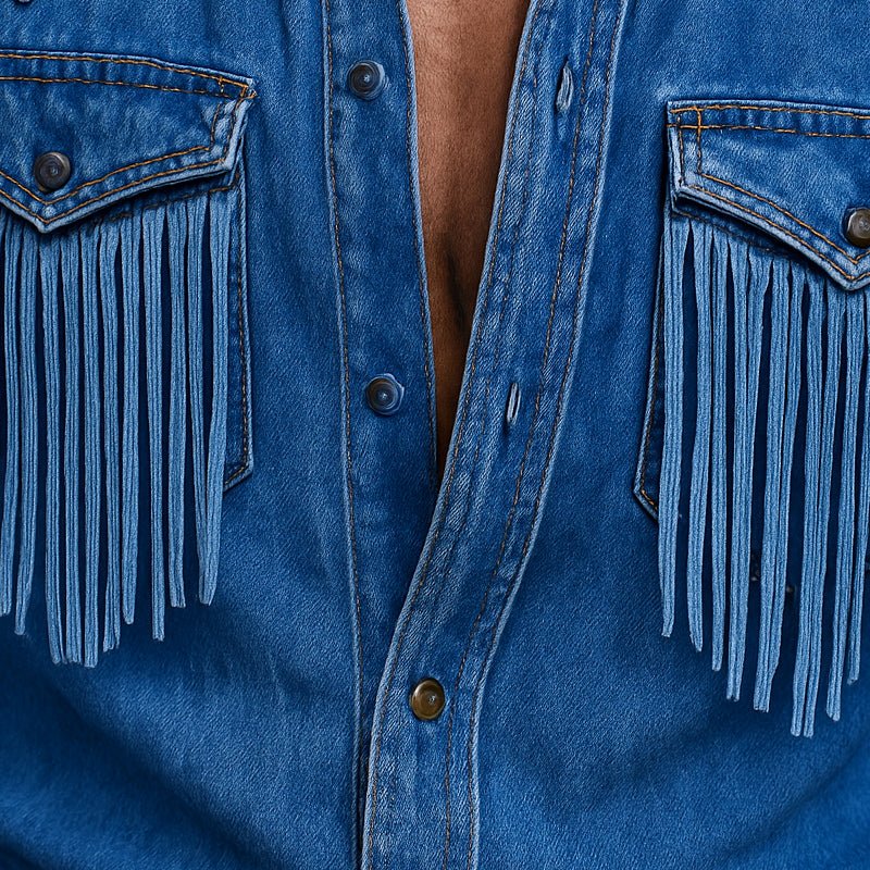 Men's Retro Western Denim Shirt with Tassel Details - Lexians