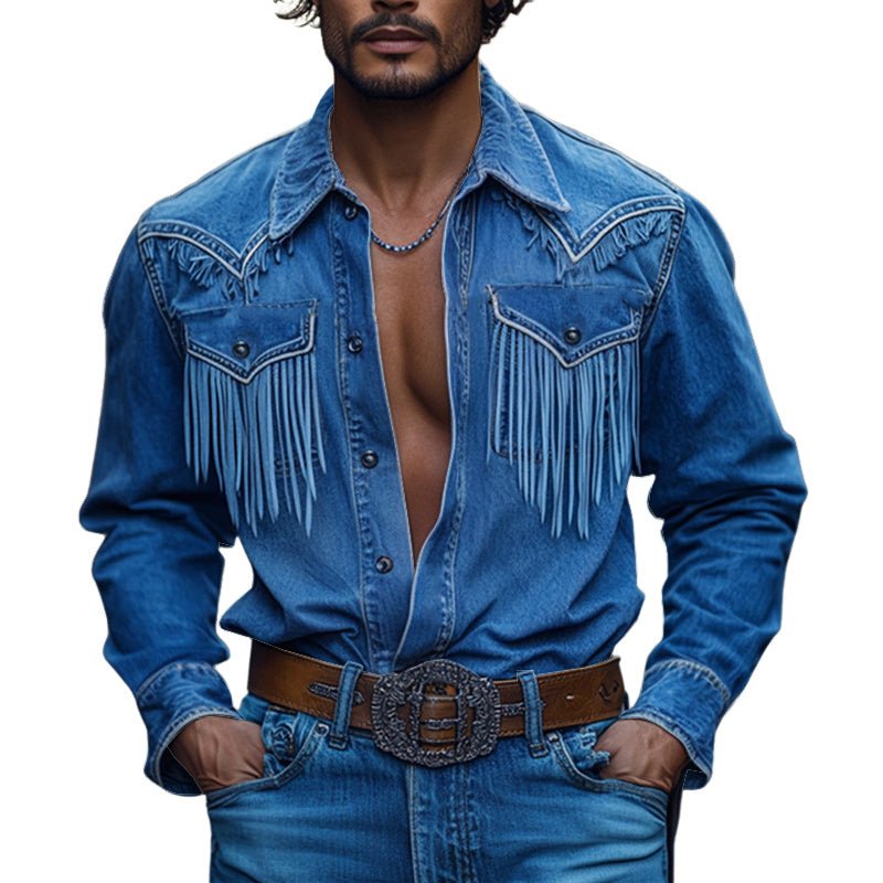 Men's Retro Western Denim Shirt with Tassel Details - Lexians