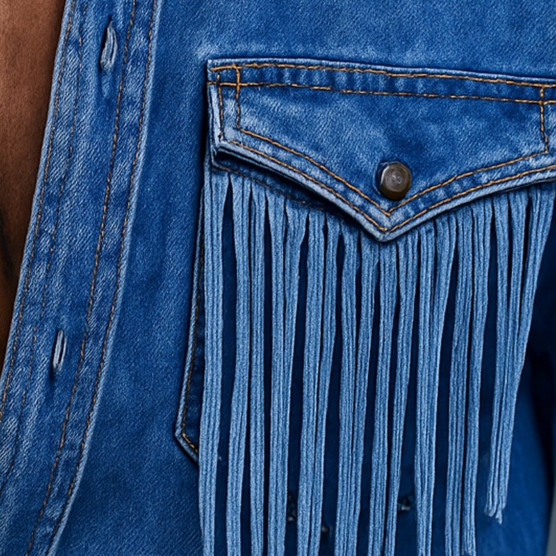 Men's Retro Western Denim Shirt with Tassel Details - Lexians