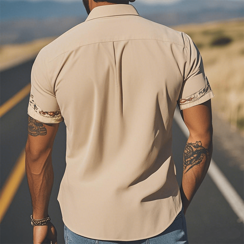Men's Retro Western Suede Embroidered Short Sleeve Shirt - Lexians