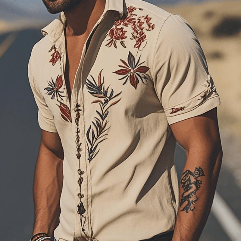 Men's Retro Western Suede Embroidered Short Sleeve Shirt - Lexians