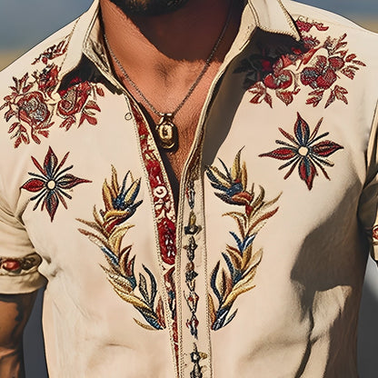 Men's Retro Western Suede Embroidered Short Sleeve Shirt - Lexians