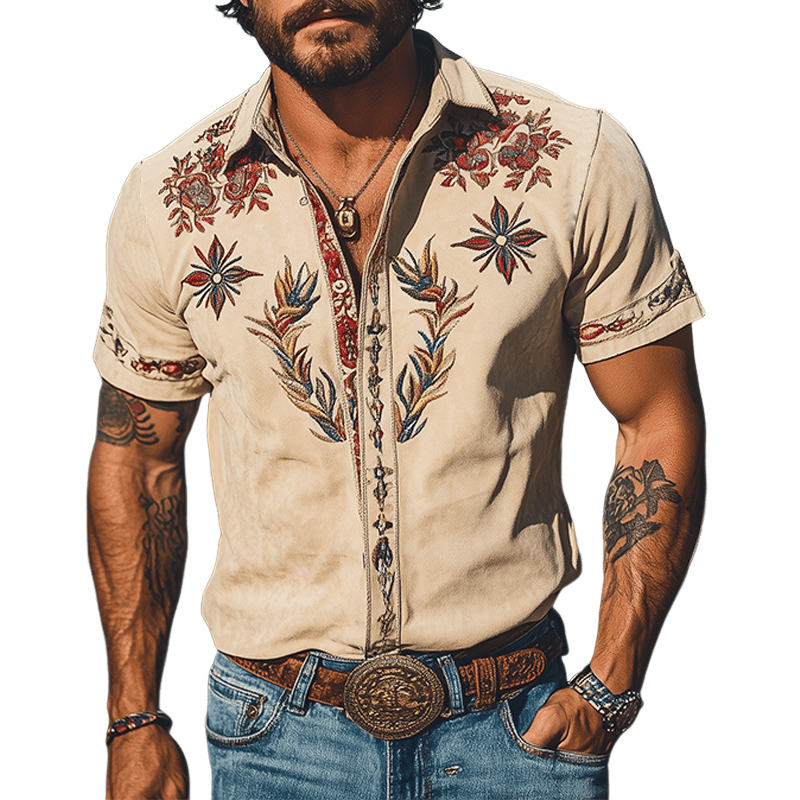 Men's Retro Western Suede Embroidered Short Sleeve Shirt - Lexians