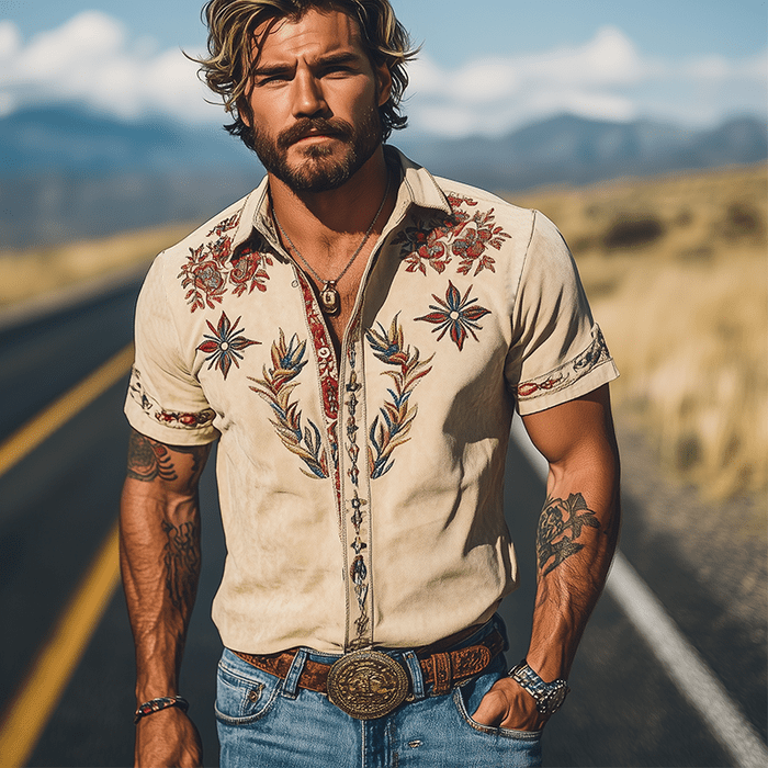 Men's Retro Western Suede Embroidered Short Sleeve Shirt - Lexians